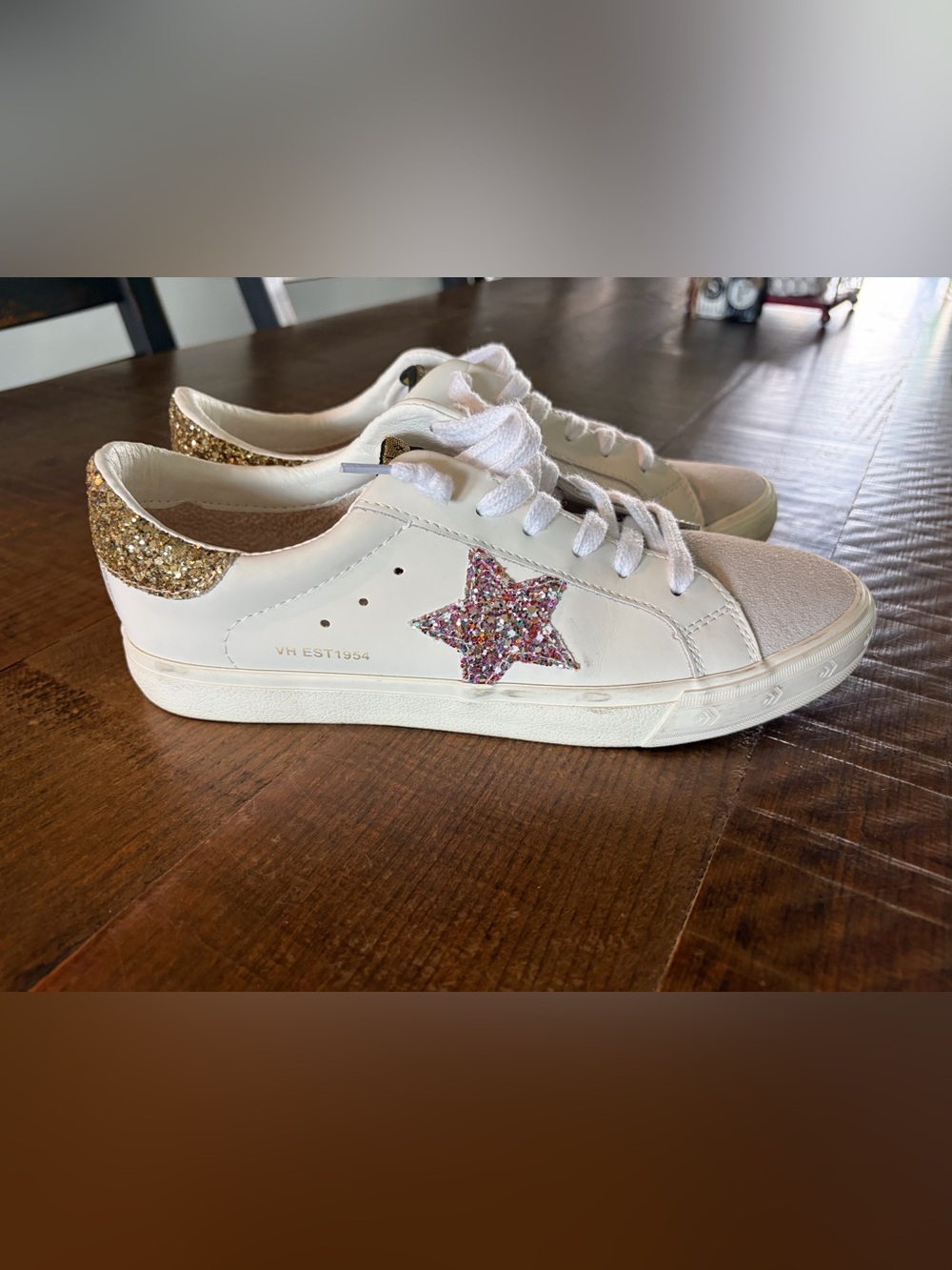 Vintage Havana Sneakers with Gold Heel and Multicolor Glitter Star